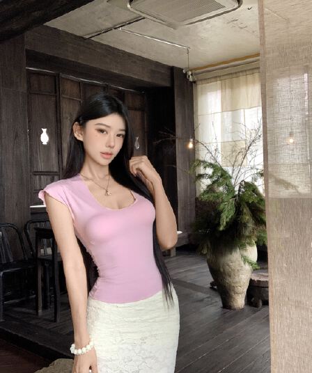 실사 정가 여름 한 부서 품격 순수한 욕망 바람 u 칼라 몸매 가꾸기 반팔 티셔츠 맨위 여성