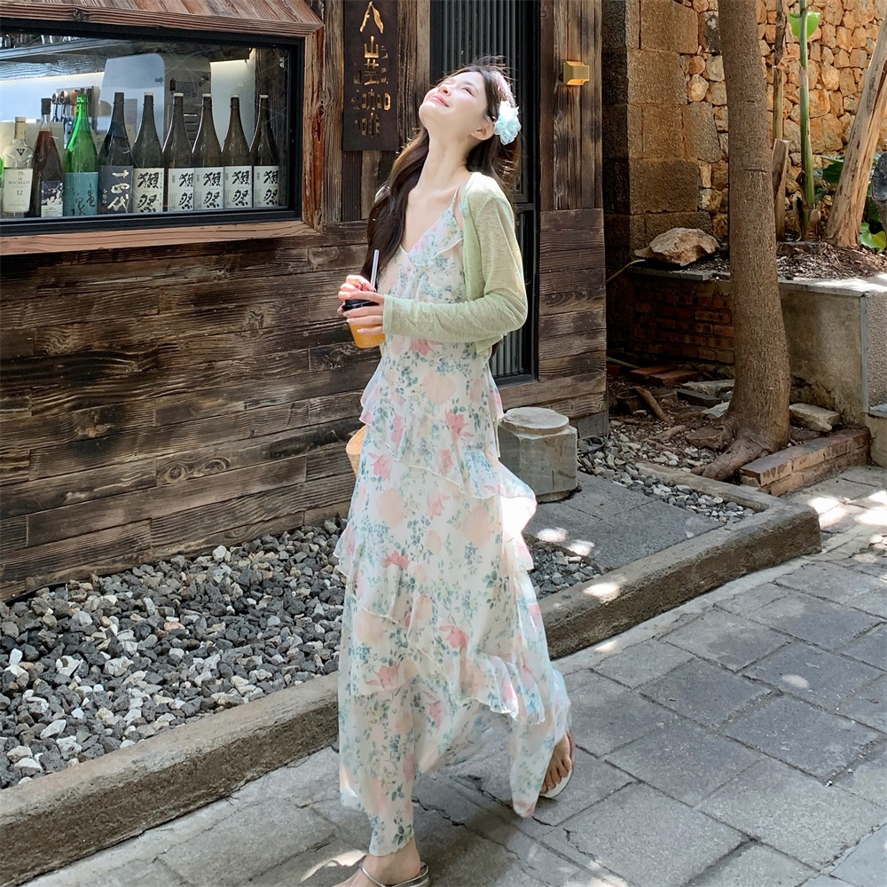 실사 빅 사이즈 여름 새로운 휴가 바람 꽃무늬 슬립 드레스 여성 긴 소매 오픈 가디건 두 조각 여성 세트