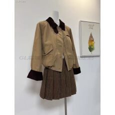 批发赵露思<b class='q'>明星</b><b class='q'>同款</b>美式复古卡其色秋冬夹克上衣外套百褶短裙<b class='q'>套装</b>女