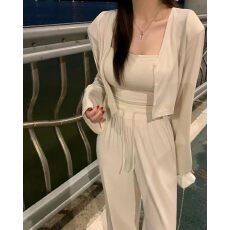 批发新款防晒<b class='q'>大码</b>慵懒休闲套装不规则吊带<b class='q'>开衫</b>高腰拖地裤显气质三件套