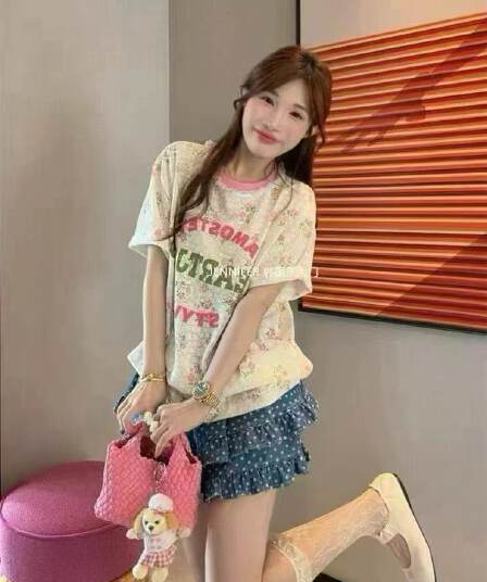 한 부서 달콤함 핑크색 꽃무늬 알파벳 반팔 티셔츠 레이스 레이스 루즈핏 맨위