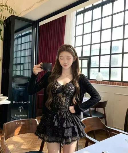 프랑스식 검정색 속눈썹 레이스 슬립 오픈 가디건 3종 세트