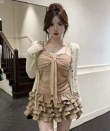 프랑스식 검정색 속눈썹 레이스 슬립 오픈 가디건 3종 세트