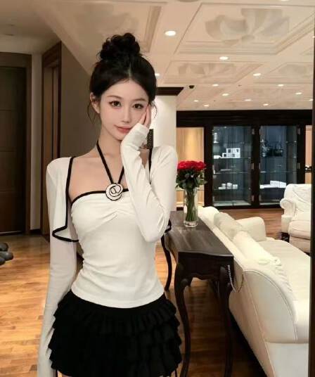 나비 매듭 행침 목 조끼 여름 흑인과 백인 배색 슬립 민소매 맨위 외부 피 반신 스커트 3종 세트