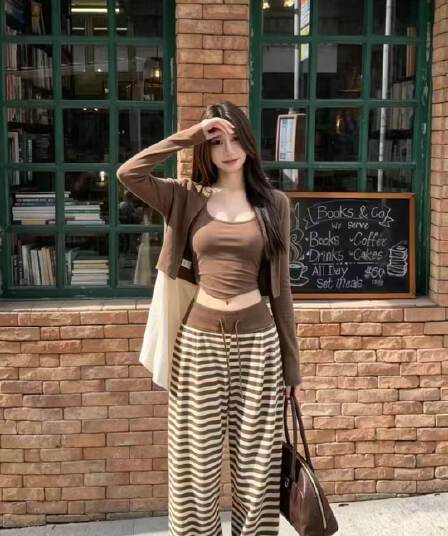 가을 새로운 긴팔 순수한 욕망 바람 품격 몸매 가꾸기 인사이드 가져 가라. 캐미솔 하이웨이스트 캐주얼 바지 세트