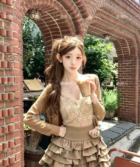 여름 새로운 한국 스타일 천 금빛 바람 쇼트 스타일 자외선 차단 니트 오픈 가디건 몸매 가꾸기 조끼 케이크 드레스 3종 세트