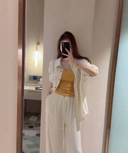 한국 스타일 캐주얼 외국 가스 세련된 출퇴근 다용도 셔츠 조끼 와이드 레그 팬츠 세트 자외선 차단 마 재료
