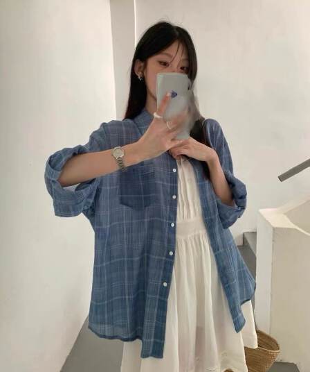 파란색 격자 무늬 셔츠 세트 여성 가을 디자인 센스 자외선 차단 다용도 작은 키 투피스 세트 익스트림 제인 바람 느슨함