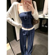 批发慵懒感轻薄开衫抽绳抹胸高腰显瘦针织裤套装