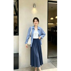 批发2026秋新款高腰半身裙+条纹<b class='q'>衬衫</b>+背心三件套女韩系慵懒气质套装