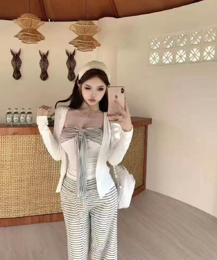 섹시함 순수한 욕망 바람 스트랩 튜브탑 조끼 긴팔 니트 오픈 가디건 여성 부드럽다 스트라이프 캐주얼 긴 바지 세 조각 세트