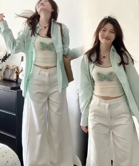 파란색 긴팔 여성 셔츠 2026 새로운 한 부서 품격 고급 센스 인사이드 가져 가라. 셔츠 조끼 캐주얼 바지 3종 세트