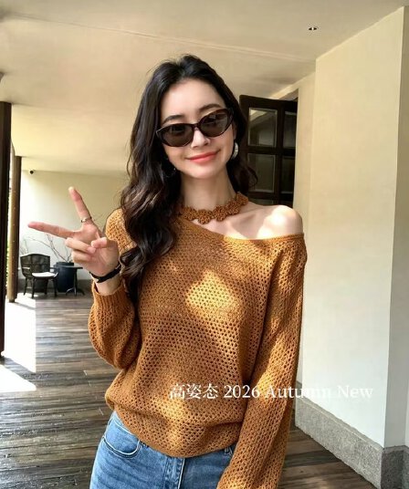 가을 한 부서 레트로 느긋한 행침 목 비스듬한 칼라 오프숄더 홀로우 아웃 니트 스웨터 여자 허리 수축 자외선 차단 블라우스