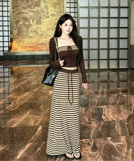 캐주얼 세트 검정색 자외선 차단 긴팔 오픈 가디건 여성 이른 가을 인사이드 가져 가라. 스트라이프 조끼 하이웨이스트 타이트 스커트 롱 스커트 3종 세트
