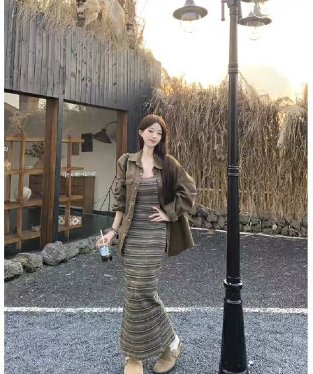 2026 가을 새로운 느긋한 바람 POLO 칼라 긴팔 데님 재킷 캐주얼 스트라이프 슬립 드레스 투피스 세트