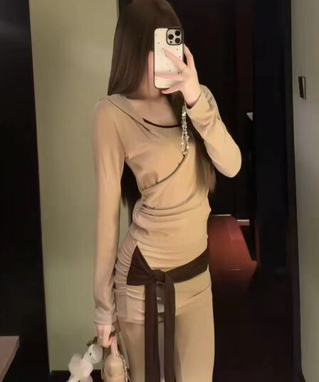 낮은 네크라인 디스플레이 가슴 행침 목 캐미솔 십자가 V넥 스트랩 오픈 가디건 긴팔 맨위 캐주얼 긴 바지 투피스 세트