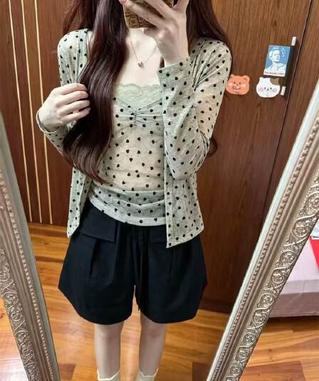 순수한 욕망 레이스 사랑 인쇄 꽃 마음 V넥 캐미솔 도트 무늬 긴팔 오픈 가디건 맨위 두 조각 여성 세트