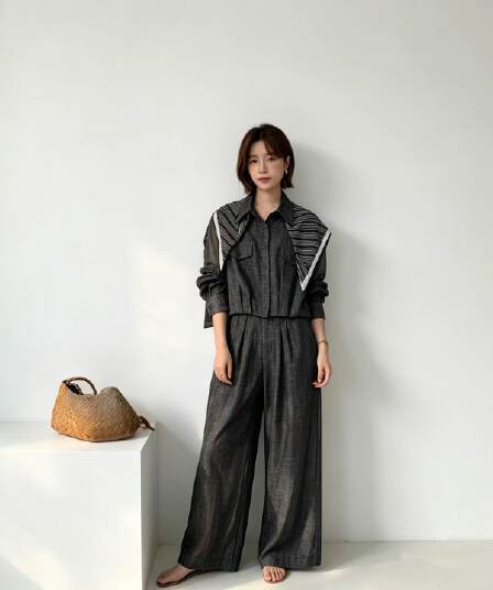 새로운 고급 센스 레트로 폴로 칼라 다용도 셔츠 Chic 허리 인감 와이드 레그 팬츠 세트
