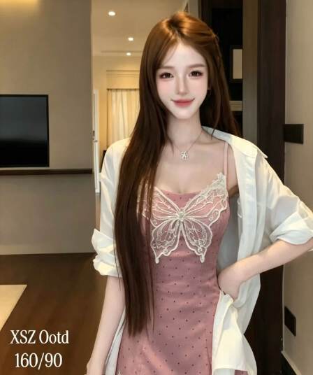 프랑스식 순수한 욕망 핑크색 도트 무늬 레이스 슬립 여성 드레스 가을 작은 키 치마 외부 피 투피스 세트