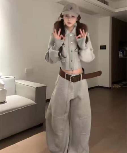 2026 새로운 외국 가스 패션 폴로 칼라 쇼트 스타일 재킷 재킷 하이웨이스트 넓은 다리 길이 바지 투피스 세트