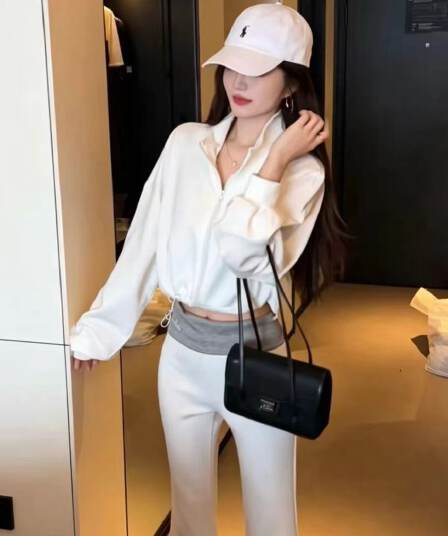 이른 가을 패션 한국 스타일 스탠드 칼라 펌프 로프 후드티 재킷 하이웨이스트 슬림해 보이는 부츠컷 바지 투피스 세트 캐주얼 세트