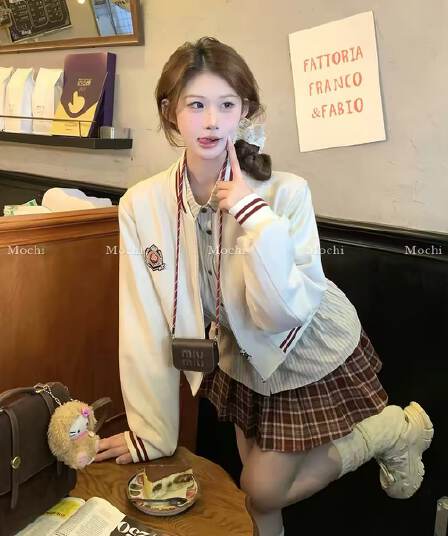스트라이프 셔츠 야구 스타일 칼라 재킷 가을 다용도 플리츠 치마 세트
