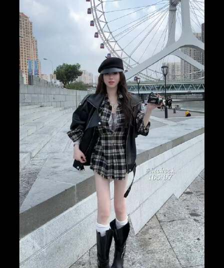 패션 레트로 루즈핏 거친 가장자리 체크무늬 POLO 칼라 셔츠 여성 드레스 가을 카디건 코트 투피스 세트