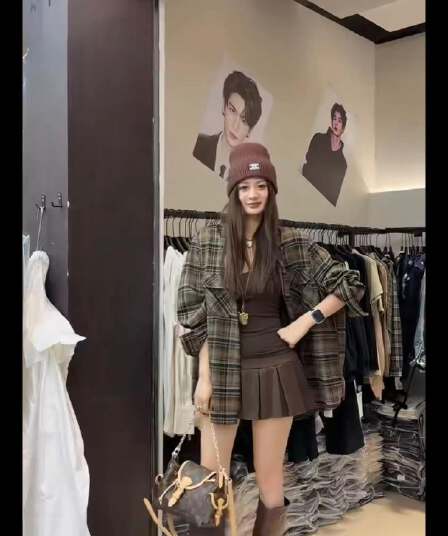 한 부서 레트로 배색 체크무늬 연삭 털 긴팔 여성 셔츠 가을 캐주얼 오픈 가디건 조끼 반신 스커트 3종 세트