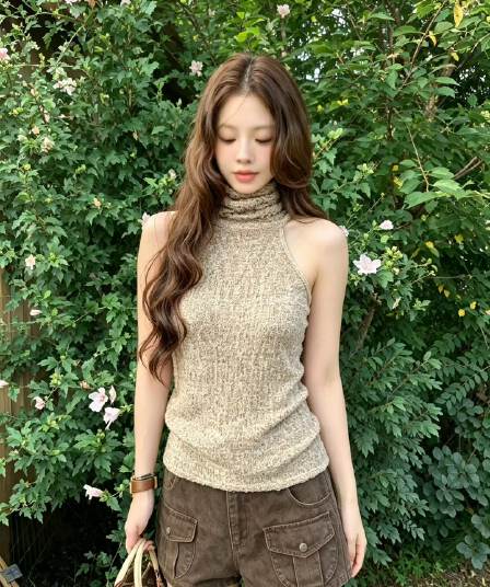 터틀넥 캐미솔 2026 가을 새로운 작은 대중 고급 센스 핫걸 착용 가져 가라. 몸매 가꾸기 민소매