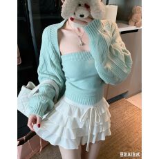 批发慵懒风绿色麻花长袖针织开衫女秋抹胸背心两件套上衣<b class='q'>半身裙</b>三件套
