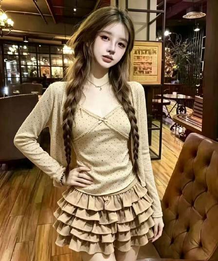 레트로 도트 무늬 핫걸 튜브탑 슬립 여성 펌프 로프 행침 목 조끼 여름 외부 피 반신 스커트 3종 세트