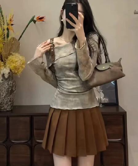 가을 겨울철 새로운 패션 기본 셔츠 맨위 긴팔 여성 의류 섹션 오프숄더 맨위 반신 스커트 투피스 세트