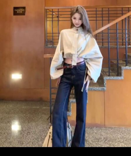 펌프 로프 스탠드 칼라 셔츠 벌룬 소매 펌프 Pleat 짧은 외투 가을 재킷 폭발 2026 새로운 캐주얼 바지 투피스 세트