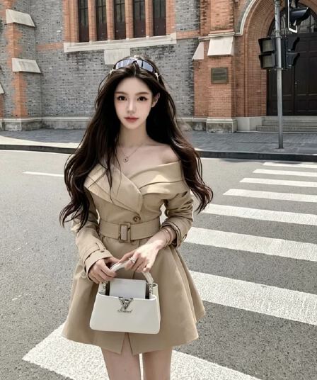 가을 품격 빅 칼라 이중 버튼 허리 수축 슬림해 보이는 바람막이 롱 코트 재킷 드레스 벨트 포함 여성
