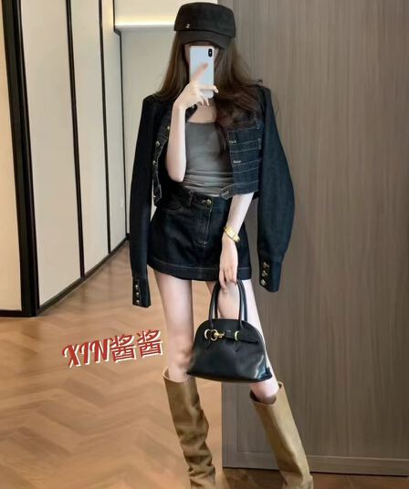 레트로 궁정 바람 스탠드 칼라 금 버클 쇼트 스타일 데님 재킷 세트 여성 하이웨이스트 한 마디 데님 미니 스커트 투피스 세트