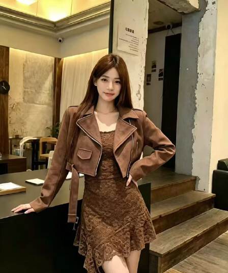 한 부서 핫걸 V넥 주름 다용도 허리 수축 드레스 레트로 오토바이 바람 뒤집다 디스크 pu 가죽 자켓 두 조각 여성 세트