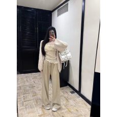 批发26小众撞色开衫上衣叠穿波点<b class='q'>蕾丝</b>吊带百搭上衣女外披休闲裤三件套