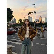 批发甜酷咖色麂皮绒外套女秋新款复古小众短款美拉德上衣夹克小个子