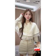 批发法式复古甜美蕾丝花边拼接斗篷披肩针织打底衫毛衣短裤三件套