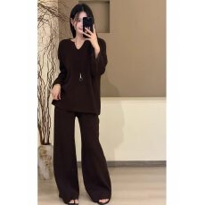 松弛慵懒风V领针织上衣套装女2026秋冬季新款显瘦阔腿裤两件套