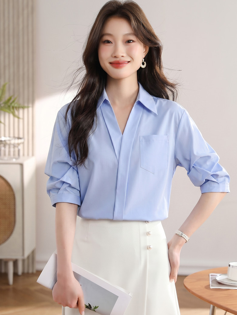 화이트 여성 셔츠 2026 여름 새로운 캐주얼 루즈핏 경력 프랑스식 작은 대중 맨위 V넥 반팔 셔츠
