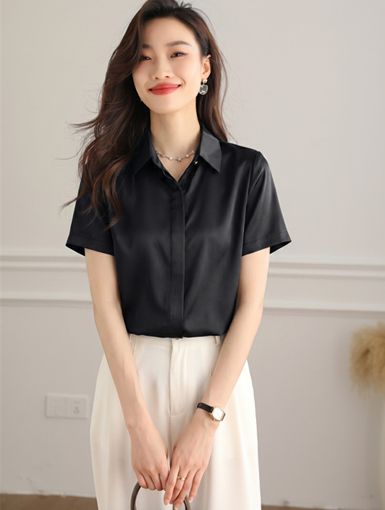 실사 2026 새로운 모방 아세트산 새틴 여성 셔츠 여름 ol 품격 반팔 맨위 출퇴근 면접 미니멀리즘 셔츠