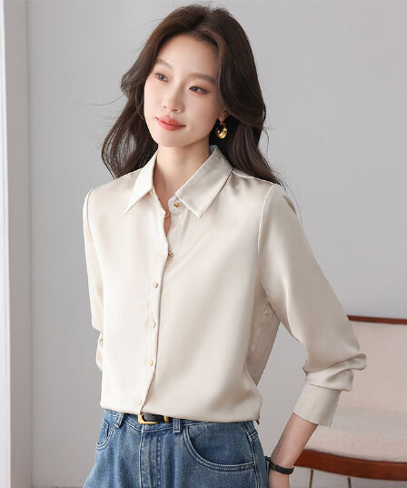 실사 2026 여성 셔츠 프랑스식 고급 품격 POLO 칼라 패션 루즈핏 캐주얼 다용도 새틴 작은 셔츠 맨위