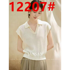 批发见衫JANSAN 桑蚕丝和纸纱干爽透气polo领v领连袖针织短袖T恤<b class='q'>女</b>