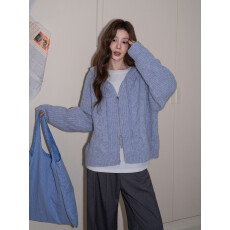 批发叙境蓝色拉链连帽长袖针织毛衣开衫女秋冬季复古绞花慵懒宽松<b class='q'>外套</b>