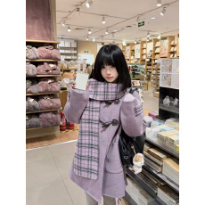 批发冬季紫色可脱卸帽子双面呢羊毛<b class='q'>大</b>衣<b class='q'>外套</b>