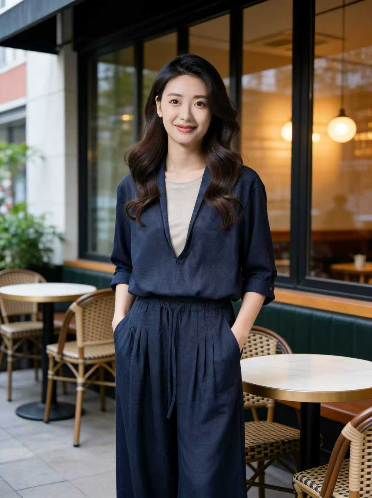 한여름 펜 De 당겨서 구오 유 신화 같은 단락 리넨 면화 데님 세트 페이크 레이어드 재킷 넓은 다리 길이 바지