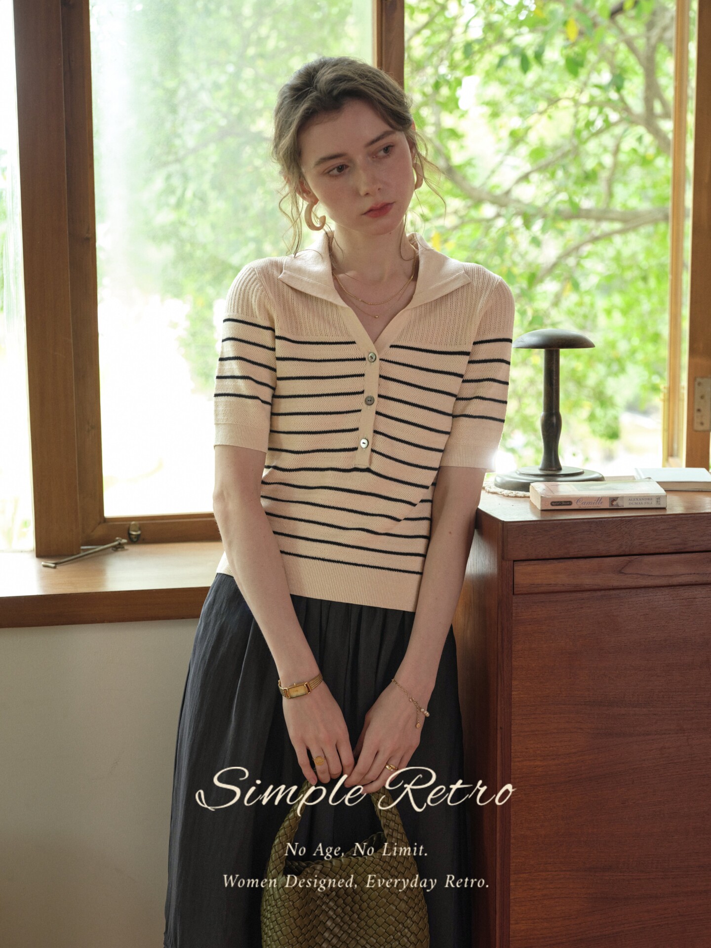 simpleretro 프랑스식 오래된 돈 바람 스트라이프 POLO 칼라 반팔 니트 스웨터 여성 티셔츠 맨위