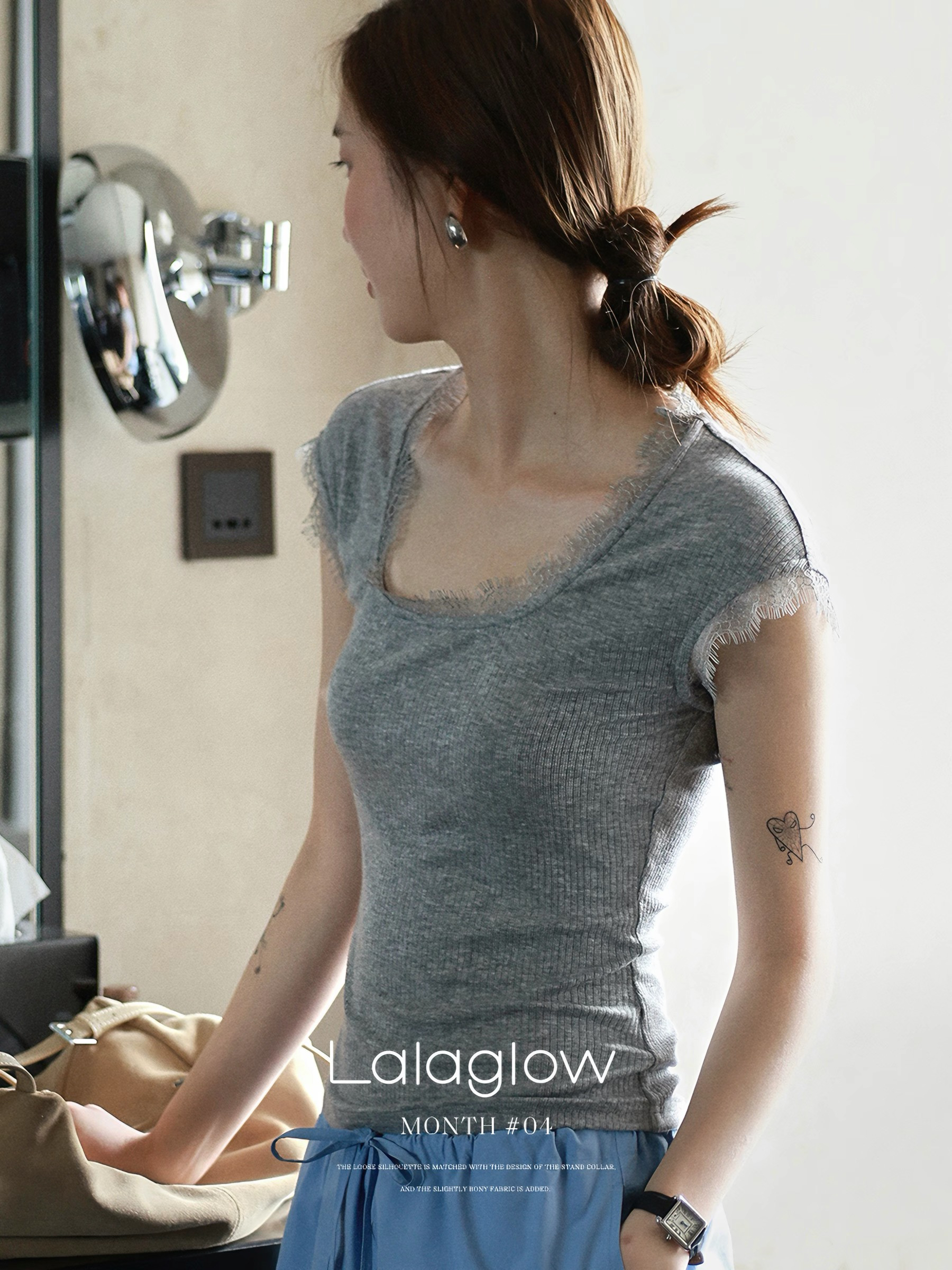 lalagrow 주간 실크 양모 프랑스식 몸매 가꾸기 슬림해 보이는 구덩이 기사 레이스 반팔 티셔츠 여성 여름 프로 피부 통기성 맨위