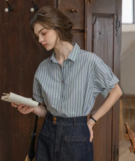 안개 블루 파리 면 어두운 문 襟 명중 기사 질감 센스 컬러 짜임 스트라이프 배색 매듭 설정 디자인 셔츠